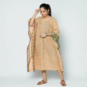 Beige - Kanchipuram Checks Cotton Kaftan with Tie-Up Waist (Medium)