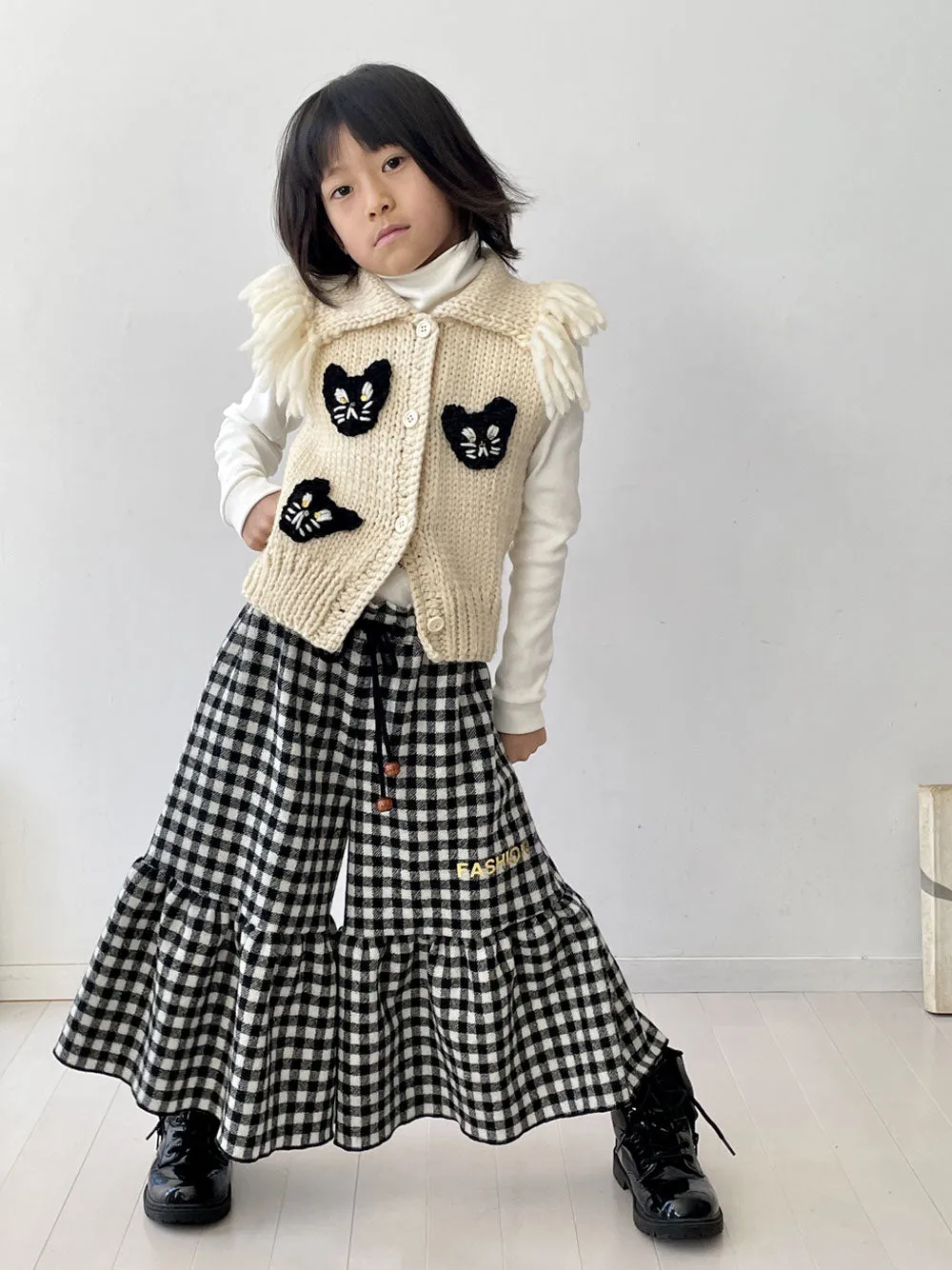 Checked Wool Ruffle Trousers