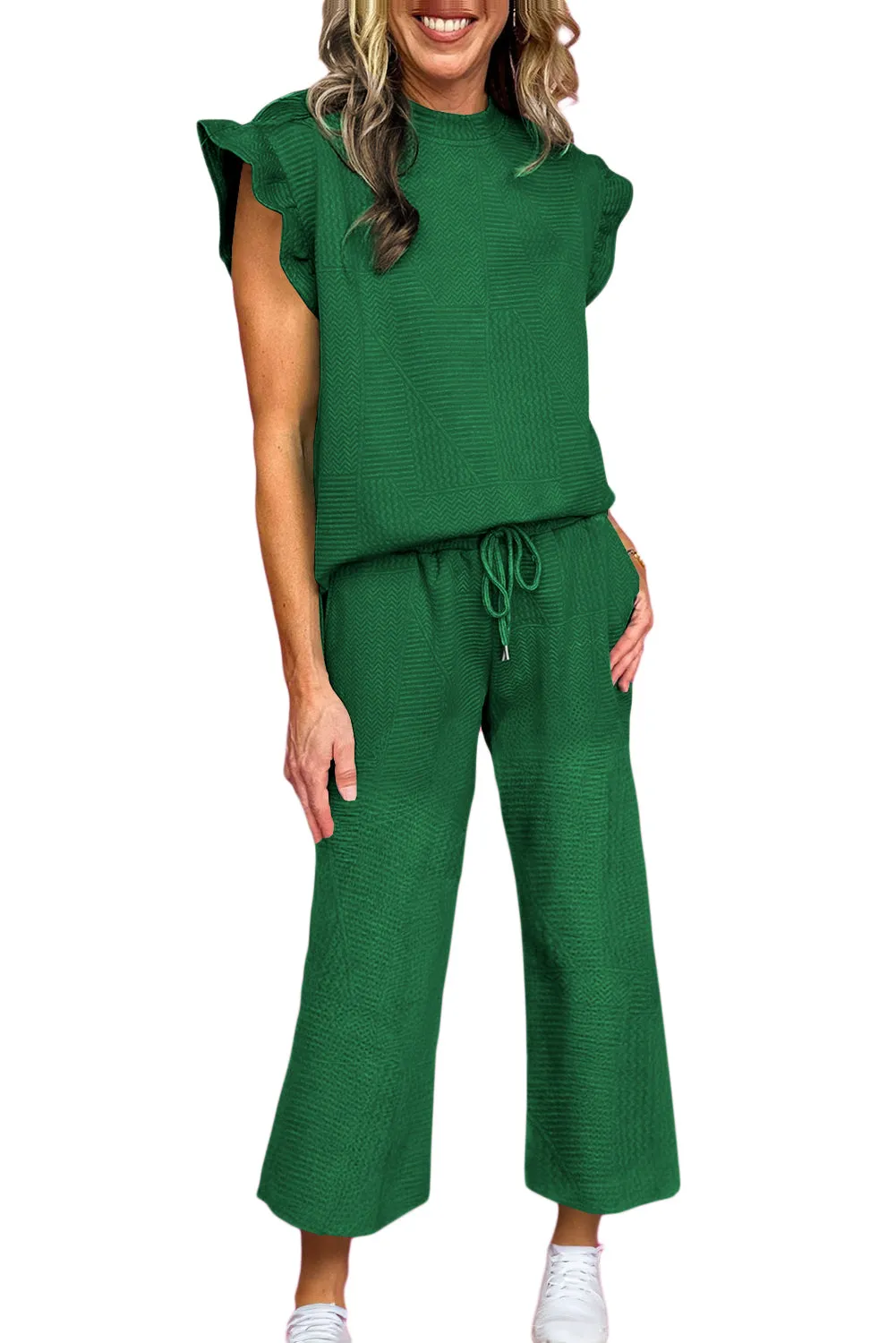 Dark Green Textured Ruffle Summer Top and Drawstring Pants Set