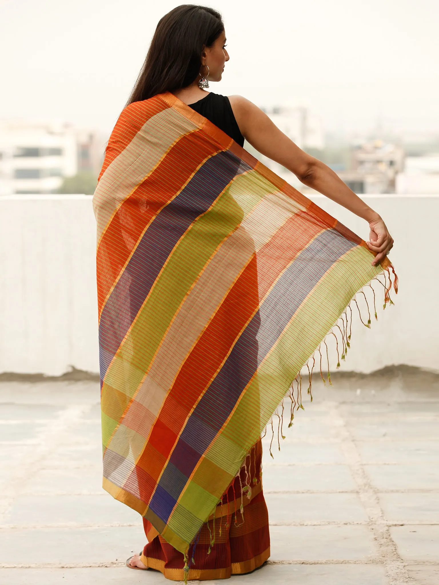Maroon Green Blue Handloom Mangalagiri Cotton Saree With Zari Border - S031703866