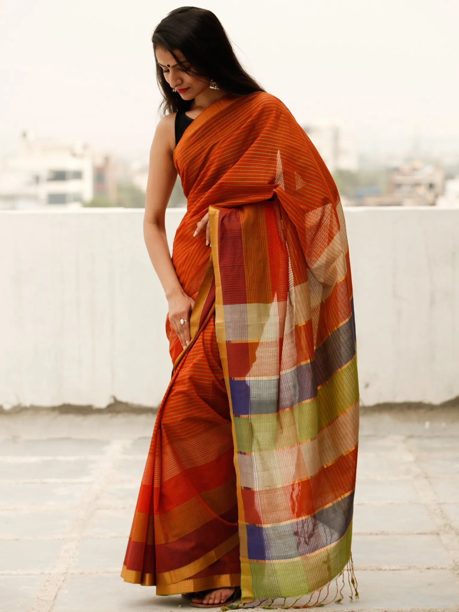 Maroon Green Blue Handloom Mangalagiri Cotton Saree With Zari Border - S031703866