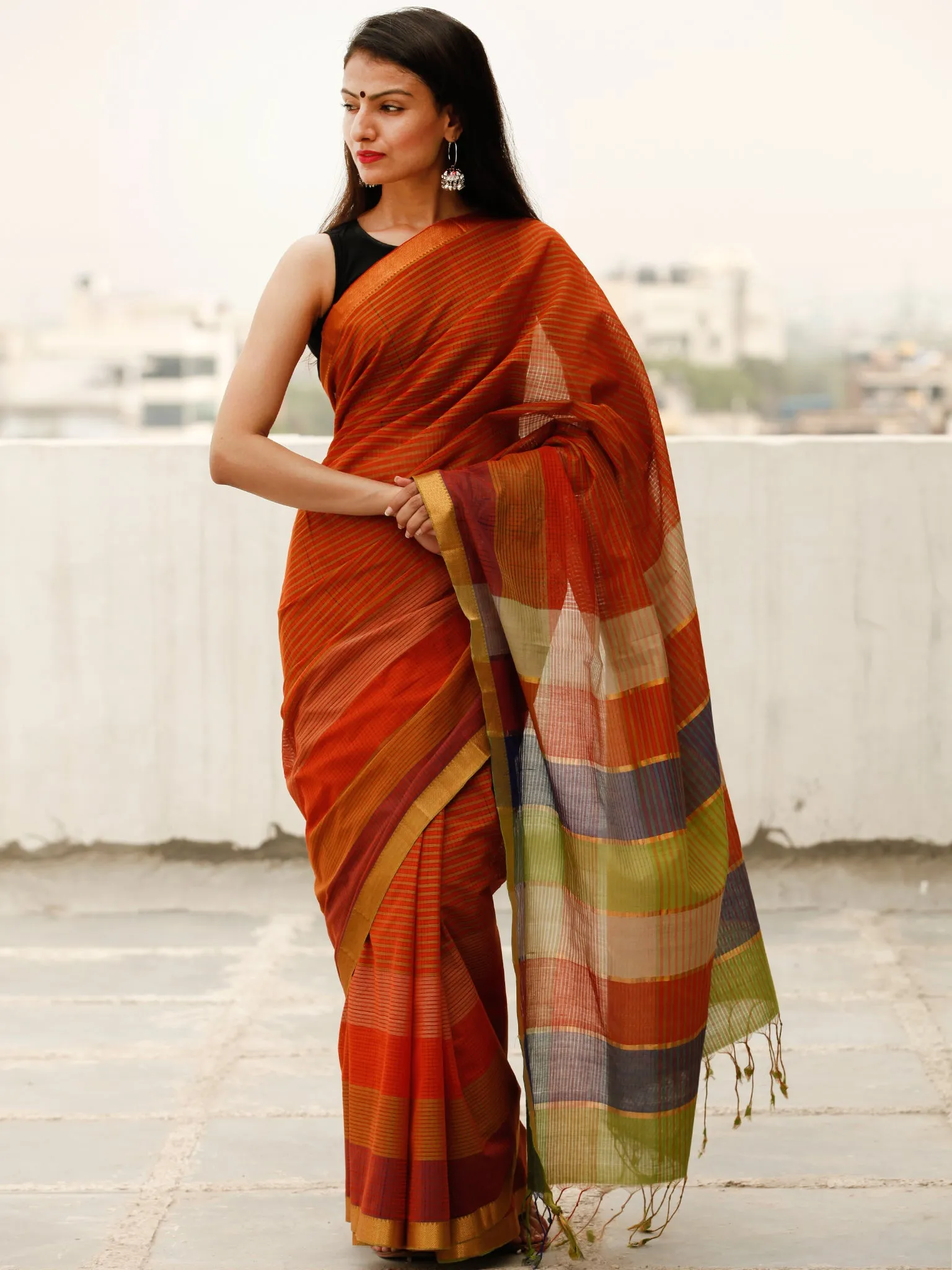 Maroon Green Blue Handloom Mangalagiri Cotton Saree With Zari Border - S031703866