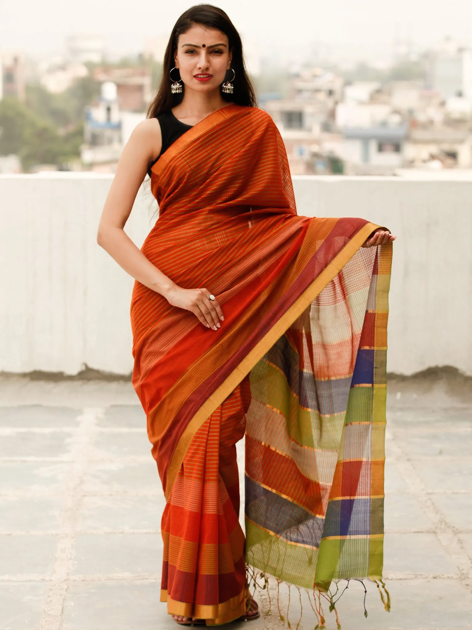 Maroon Green Blue Handloom Mangalagiri Cotton Saree With Zari Border - S031703866