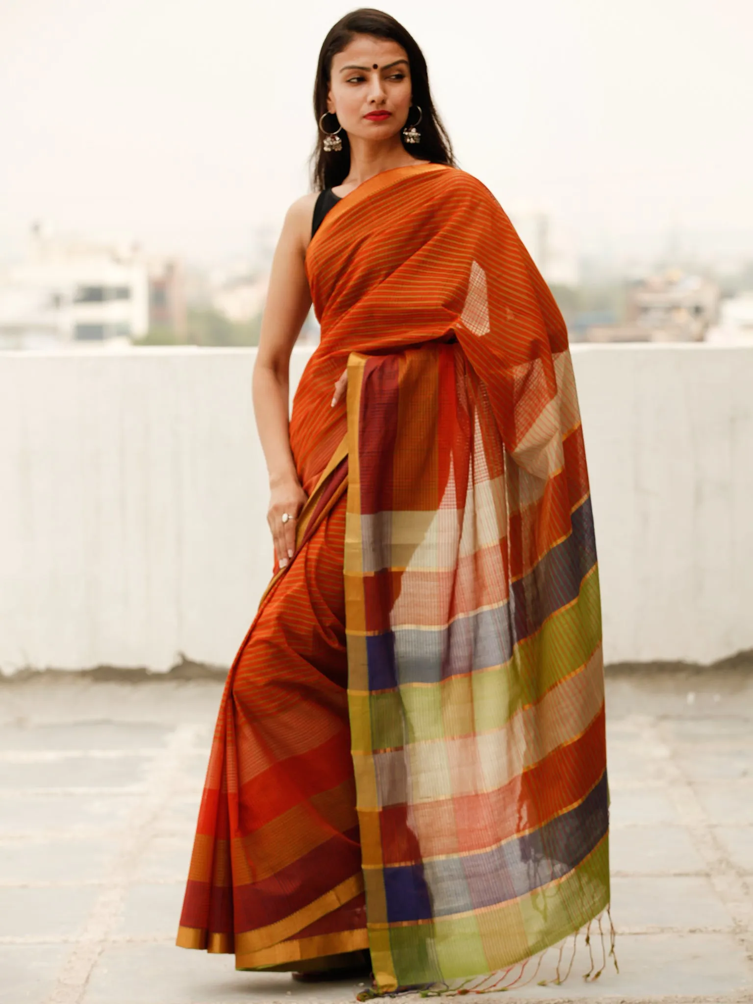 Maroon Green Blue Handloom Mangalagiri Cotton Saree With Zari Border - S031703866