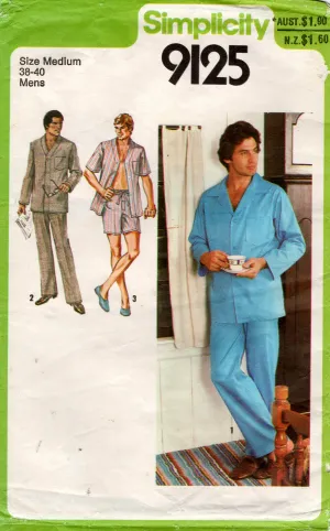 Simplicity 9125 Mens Short or Long Pajamas 1970s Vintage Sewing Pattern Size MEDIUM Chest 38 - 40 inches