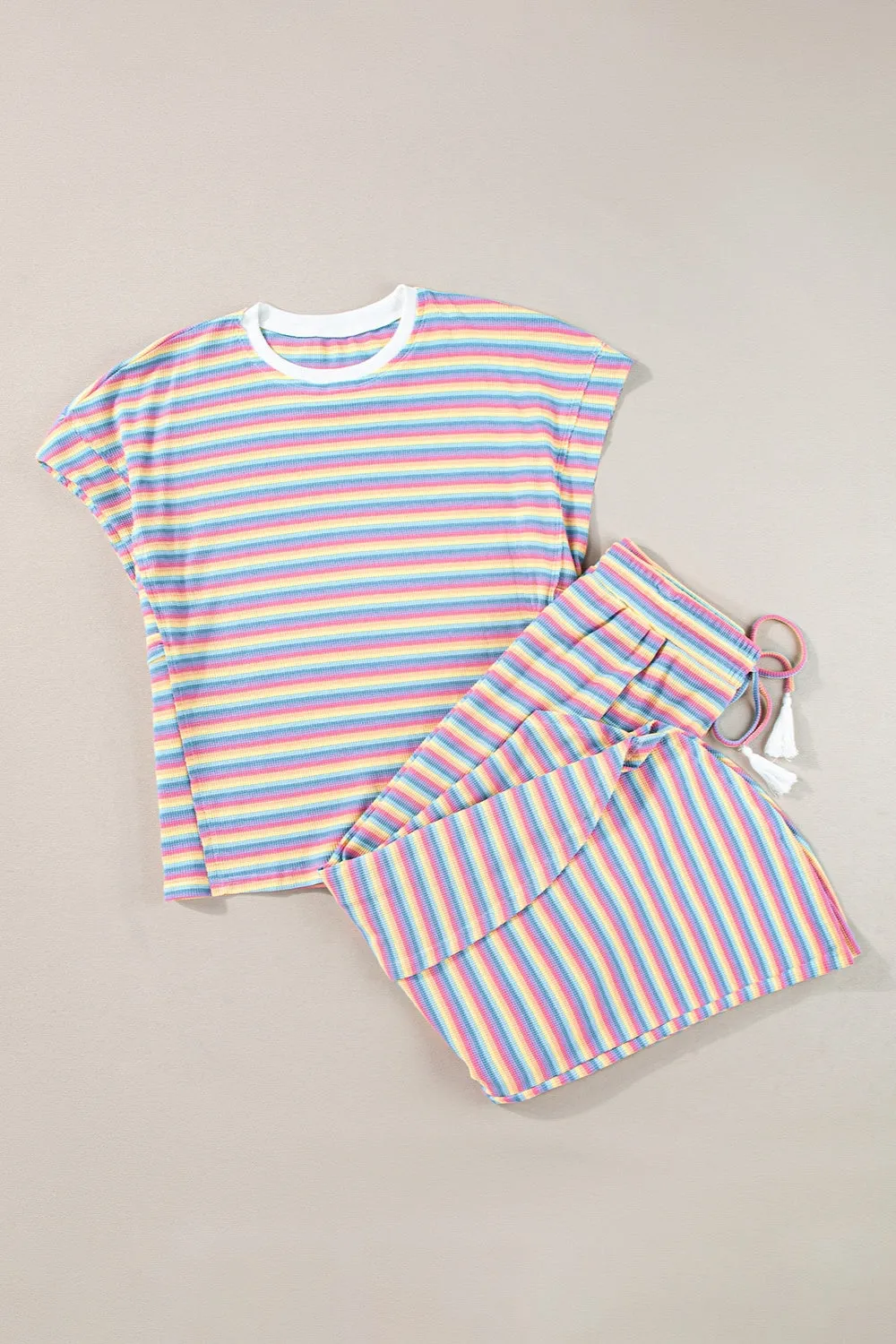 Striped Round Neck Top and Drawstring Pants Set