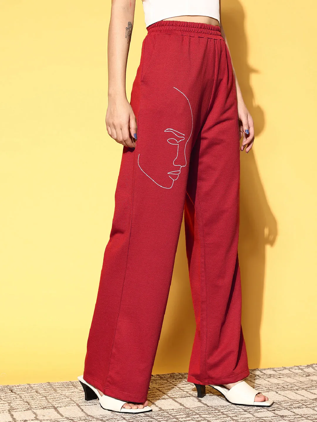 Women Red Terry Line Art Track Pants
