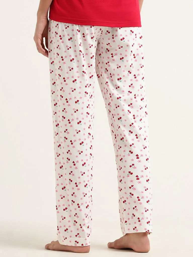 Wunderlove Off-White Cherry Printed Cotton Pyjamas